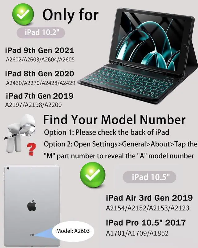 Alt view image 3 of 7 - for iPad 9th / 8th / 7th Generation 10.2 inch & iPad Air 3rd Gen & iPad Pro 10.5 inch Case with Keyboard 7 Color Backlit - Built in Pencil Holder with Mouse (Black)