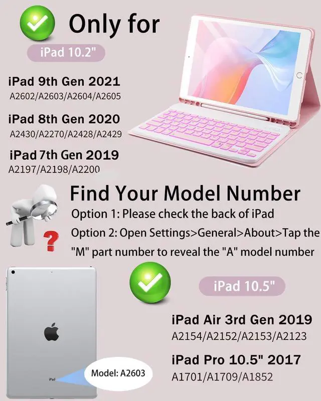 Alt view image 3 of 7 - for iPad 9th / 8th / 7th Generation 10.2 inch & iPad Air 3rd Gen & iPad Pro 10.5 inch Case with 7 Color Backlit Keyboard - Built in Pencil Holder with Mouse (Pink)