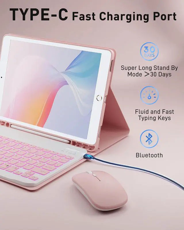 Alt view image 5 of 7 - for iPad 9th / 8th / 7th Generation 10.2 inch & iPad Air 3rd Gen & iPad Pro 10.5 inch Case with 7 Color Backlit Keyboard - Built in Pencil Holder with Mouse (Pink)