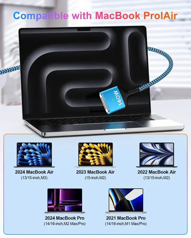 Alt view image 7 of 7 - USB-C to Magnetic 3 Cable 6 Feet, 140W Fast MacBook Air Charger Cord Apple MagSafe 3 Cable for MacBook Air 15''/13'' M4 2025, M3 2024, M2-2023/2022, Mac Book Pro 16"/14" M4 2024, M22023, M1 2021