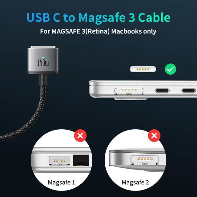 Alt view image 4 of 7 - 140W USB C to Magnetic 3 Cable, MacBook Air Charger Mag-Safe Cable Compatible with MacBook Pro/Air M1 M2 M3(2021-2024 14"&16")-6.6ft