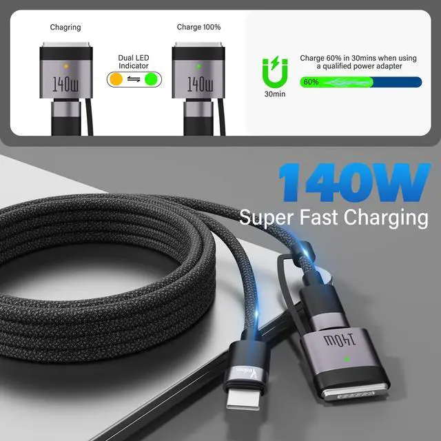 Alt view image 4 of 7 - USB C to Magnetic 3 Cable 6 FT for M4 MacBook Air Pro Charger,140W Magnetic Safe 3 Fast Charging Cable with Type C Adapter for MacBook Air (15''/13'' M4 2025,M3 2024, M2 2023),Pro (16"/14" 2024/2023)