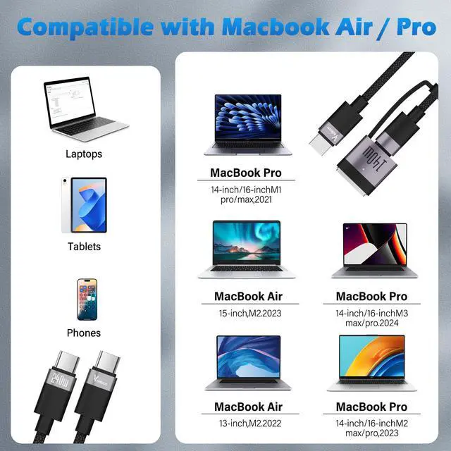 Alt view image 6 of 7 - USB C to Magnetic 3 Cable 6 FT for M4 MacBook Air Pro Charger,140W Magnetic Safe 3 Fast Charging Cable with Type C Adapter for MacBook Air (15''/13'' M4 2025,M3 2024, M2 2023),Pro (16"/14" 2024/2023)