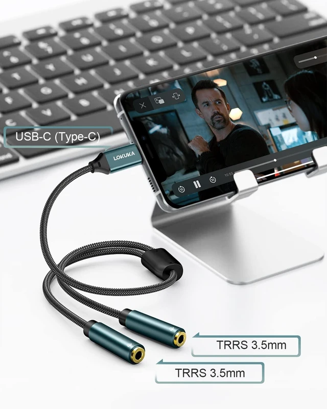 Alt view image 4 of 7 - USB C to Dual 3.5mm Headphone Splitter (4 Feet) Type C to AUX TRRS Audio Adapter with Hi-Res DAC Chip, for USB-C Smartphone, Laptop, Pad to Two Headphones, Speakers, TRRS Microphones