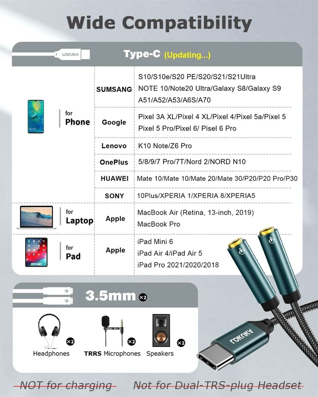 Alt view image 3 of 7 - USB C to Dual 3.5mm Headphone Splitter (4 Feet) Type C to AUX TRRS Audio Adapter with Hi-Res DAC Chip, for USB-C Smartphone, Laptop, Pad to Two Headphones, Speakers, TRRS Microphones
