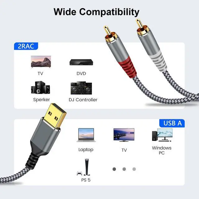 Alt view image 2 of 6 - Compatible with USB to RCA Audio Cable,16FT USB to 2RCA Male Stereo Y Splitter Adapter for USB A Laptop, Linux, Windows, Desktops, PS4 and Amplifiers, Home Theater, Speaker, Grey
