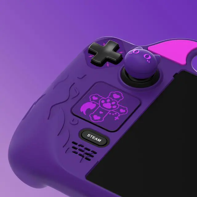 Alt view image 2 of 7 - Cute Demon Protective Case for Steam Deck LCD & OLED, Kawaii Anti-Slip Protector for Steam Deck OLED with Thumb Grip Caps & Trackpads Stickers & Back Button Enhancement Set - Purple