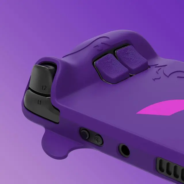 Alt view image 4 of 7 - Cute Demon Protective Case for Steam Deck LCD & OLED, Kawaii Anti-Slip Protector for Steam Deck OLED with Thumb Grip Caps & Trackpads Stickers & Back Button Enhancement Set - Purple