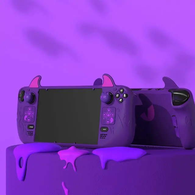 Alt view image 5 of 7 - Cute Demon Protective Case for Steam Deck LCD & OLED, Kawaii Anti-Slip Protector for Steam Deck OLED with Thumb Grip Caps & Trackpads Stickers & Back Button Enhancement Set - Purple