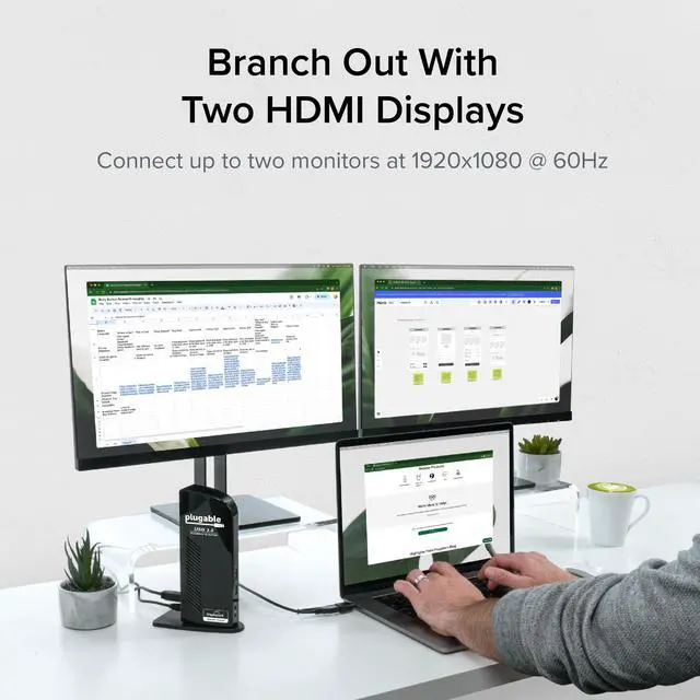 Alt view image 3 of 7 - Plugable Universal Laptop Docking Station Dual HDMI Monitor for Windows and Mac (Driver Required), USB 3.0 or USB-C, 2X HDMI, Gigabit Ethernet, Audio, 6 USB Ports (UD-3900)