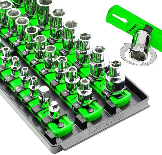 Main image of Ernst Manufacturing 8481 Socket Boss 3-Rail Multi-Drive Socket Holder Tray for Toolbox, Twist-Lock Secures Sockets, Green, Clips for SAE, Metric Socket Sets - Made in USA