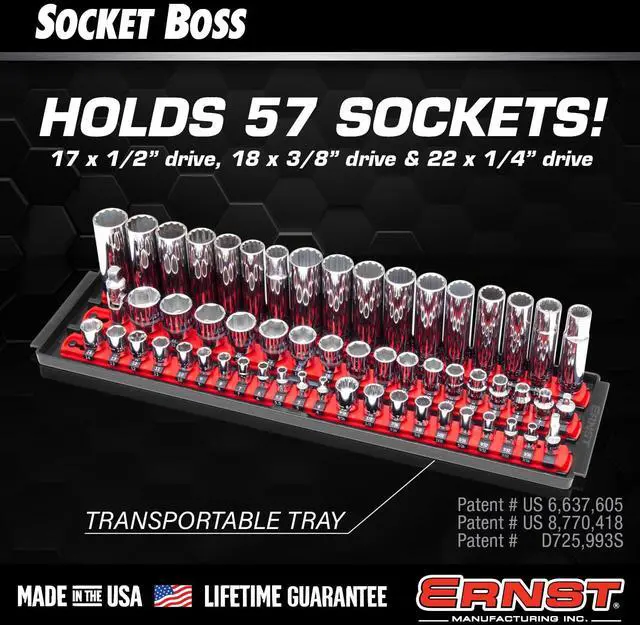 Alt view image 2 of 6 - Ernst Manufacturing 8481 Socket Boss 3-Rail Multi-Drive Socket Holder Tray for Toolbox, Twist-Lock Secures Sockets, Green, Clips for SAE, Metric Socket Sets - Made in USA