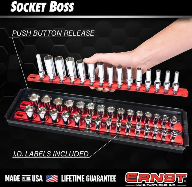 Alt view image 3 of 6 - Ernst Manufacturing 8481 Socket Boss 3-Rail Multi-Drive Socket Holder Tray for Toolbox, Twist-Lock Secures Sockets, Green, Clips for SAE, Metric Socket Sets - Made in USA