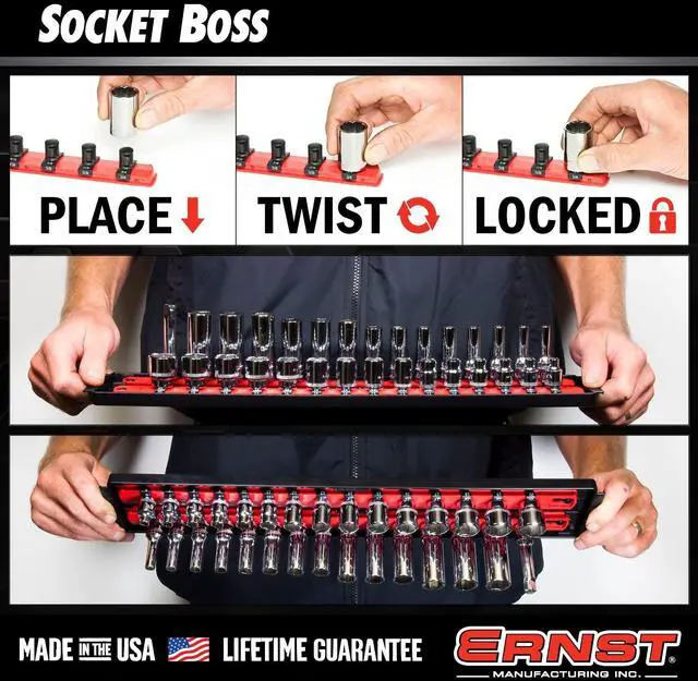 Alt view image 4 of 6 - Ernst Manufacturing 8481 Socket Boss 3-Rail Multi-Drive Socket Holder Tray for Toolbox, Twist-Lock Secures Sockets, Green, Clips for SAE, Metric Socket Sets - Made in USA