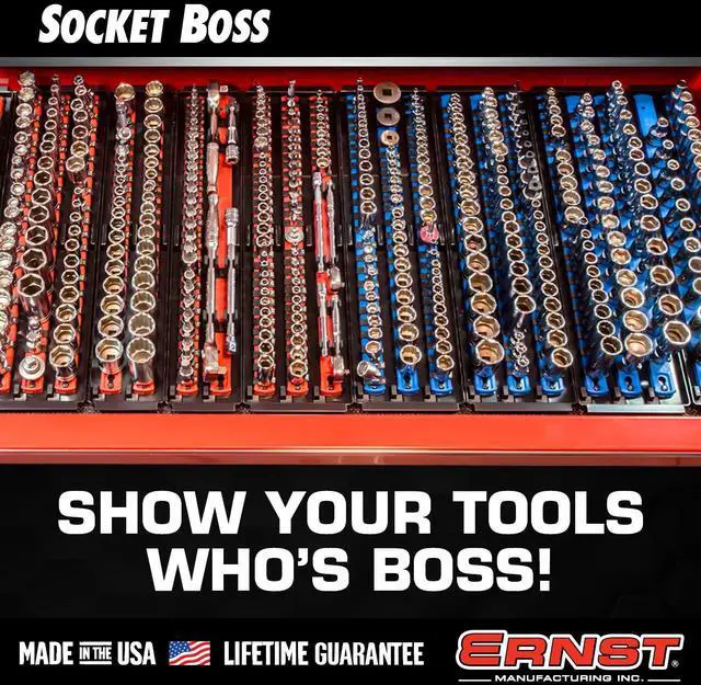 Alt view image 5 of 6 - Ernst Manufacturing 8481 Socket Boss 3-Rail Multi-Drive Socket Holder Tray for Toolbox, Twist-Lock Secures Sockets, Green, Clips for SAE, Metric Socket Sets - Made in USA