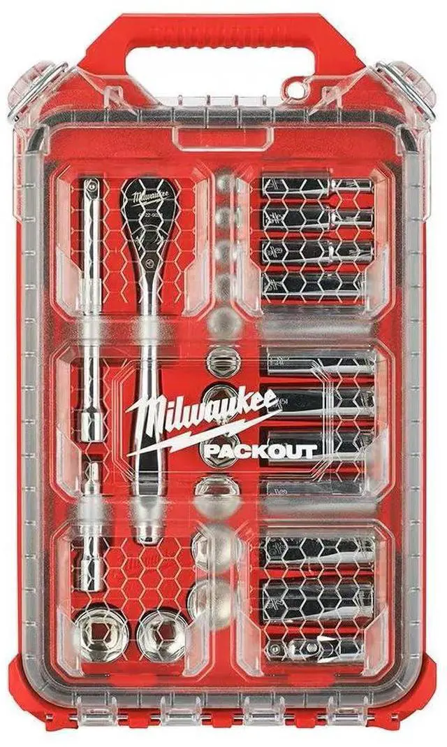 Main image of Milwaukee 3/8-Inch Drive SAE Ratchet and Socket Mechanics Tool Set with Packout Case (28-Piece)