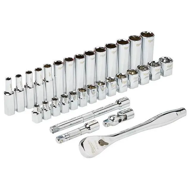 Alt view image 2 of 5 - Milwaukee 3/8-Inch Drive SAE Ratchet and Socket Mechanics Tool Set with Packout Case (28-Piece)