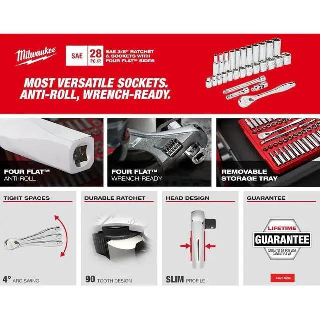 Alt view image 3 of 5 - Milwaukee 3/8-Inch Drive SAE Ratchet and Socket Mechanics Tool Set with Packout Case (28-Piece)