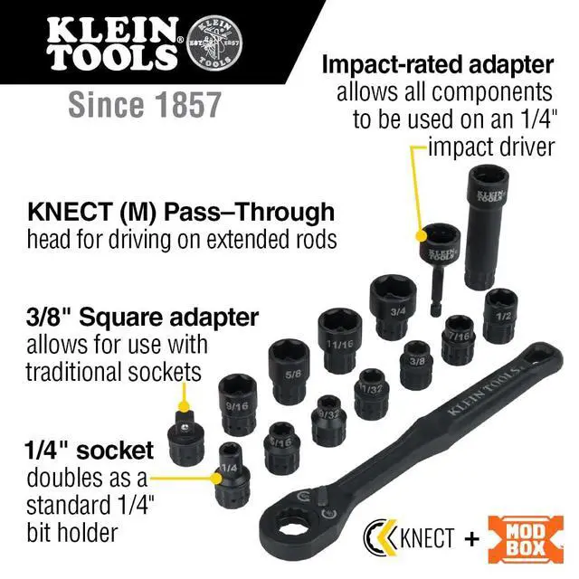 Alt view image 2 of 7 - Klein Tools 65400 KNECT 15-Piece Pass Through Socket Set, SAE Impact Set with MODbox Case, Sockets, Bits, Accessories and 3/8-Inch Drive Adapter