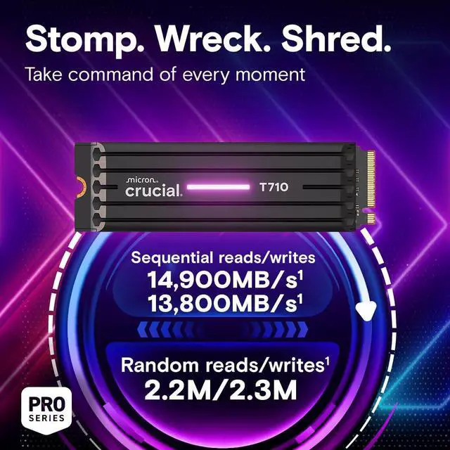 Alt view image 2 of 6 - Crucial T710 PCIe Gen5 NVMe 1TB SSD Heatsink, Up to 14,900 MB/s, Laptop & Desktop Compatible (PC), for Creatives and Hardcore Gamers, Solid State Drive, Includes 1Mo Adobe CC CT1000T710SSD5-01