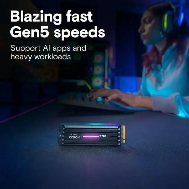 Alt view image 3 of 6 - Crucial T710 PCIe Gen5 NVMe 1TB SSD Heatsink, Up to 14,900 MB/s, Laptop & Desktop Compatible (PC), for Creatives and Hardcore Gamers, Solid State Drive, Includes 1Mo Adobe CC CT1000T710SSD5-01