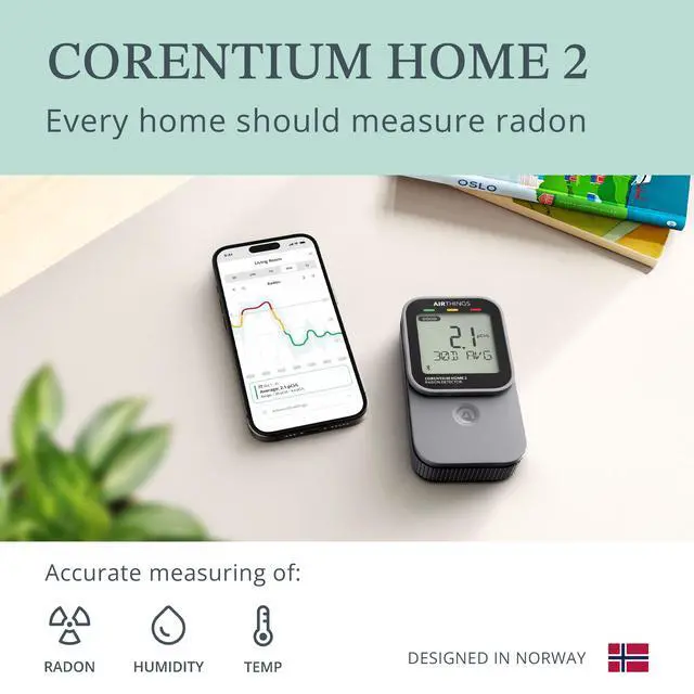 Alt view image 2 of 4 - Airthings 325 Corentium Home 2 Smart Digital Radon Detector - Portable and Easy-to-use Radon Testing with Bluetooth connectivity and Humidity & Temperature Sensors