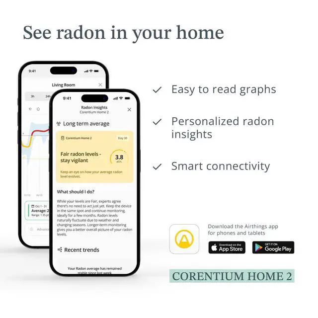 Alt view image 4 of 4 - Airthings 325 Corentium Home 2 Smart Digital Radon Detector - Portable and Easy-to-use Radon Testing with Bluetooth connectivity and Humidity & Temperature Sensors