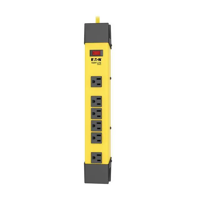 Alt view image 4 of 6 - Eaton TLM609GF Heavy Duty Power Strip with GFCI Plug, Yellow Metal Housing, 6 Outlets, 9 Foot / 2.7 Meter Cord, Keyhole Mounting Slots, Industrial Garage Work Shop Bench