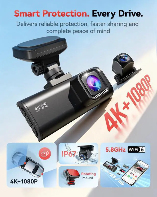 Alt view image 2 of 7 - F7N-N 4K Dash Cam Front and Rear 1080P, 5.8GHz WiFi6-Swift 20 MB/s | 2160P/FHD Car Camera, Precise GPS APP, 3.18" Screen, WDR Night Vision, 170° Wide Angle, Rotatable Mount, 24H Parking Mode