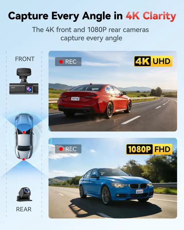 Alt view image 3 of 7 - F7N-N 4K Dash Cam Front and Rear 1080P, 5.8GHz WiFi6-Swift 20 MB/s | 2160P/FHD Car Camera, Precise GPS APP, 3.18" Screen, WDR Night Vision, 170° Wide Angle, Rotatable Mount, 24H Parking Mode