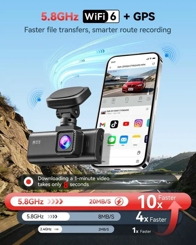Alt view image 4 of 7 - F7N-N 4K Dash Cam Front and Rear 1080P, 5.8GHz WiFi6-Swift 20 MB/s | 2160P/FHD Car Camera, Precise GPS APP, 3.18" Screen, WDR Night Vision, 170° Wide Angle, Rotatable Mount, 24H Parking Mode