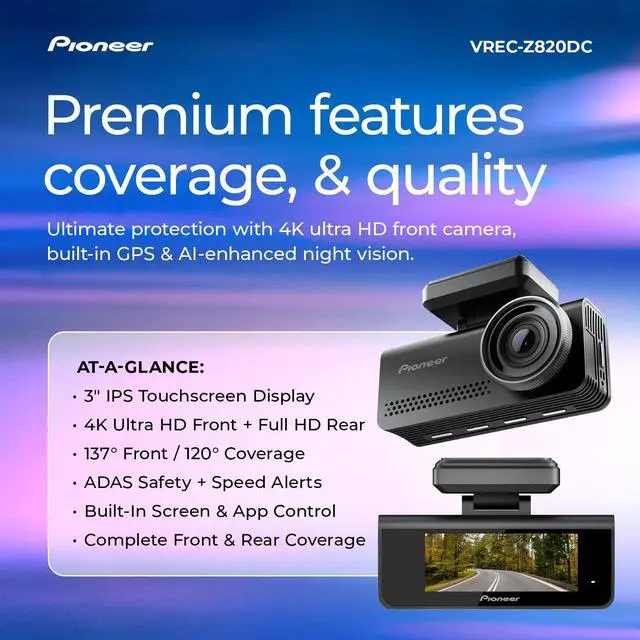 Alt view image 2 of 7 - VREC-Z820DC Premium 4K Dual Dash Cam Front and Rear Car Camera | Ai-Isp Starvis Night Vision, 139 Degree Wide Lens, ADAS Safety Alerts, Built-In GPS, Impact Detection, 24/7 Coverage