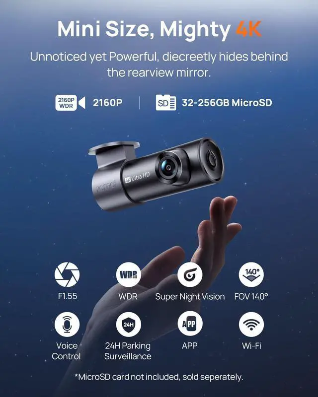 Alt view image 3 of 7 - M310 Plus 4K Dash Cam Front with Night Vision, 140° Wide Angle Dash Camera for Cars, WiFi Dashcam with App, Parking Mode, G-Sensor, Loop Recording, Voice Control, Easy Install Car Camera
