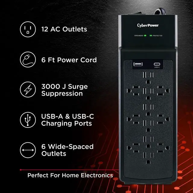 Alt view image 3 of 7 - CSP1206UC Surge Protector | 3000J, 12 Outlets, 1 USB-A, 1 USB-C, 6 Foot Power Cord, Black, ETL