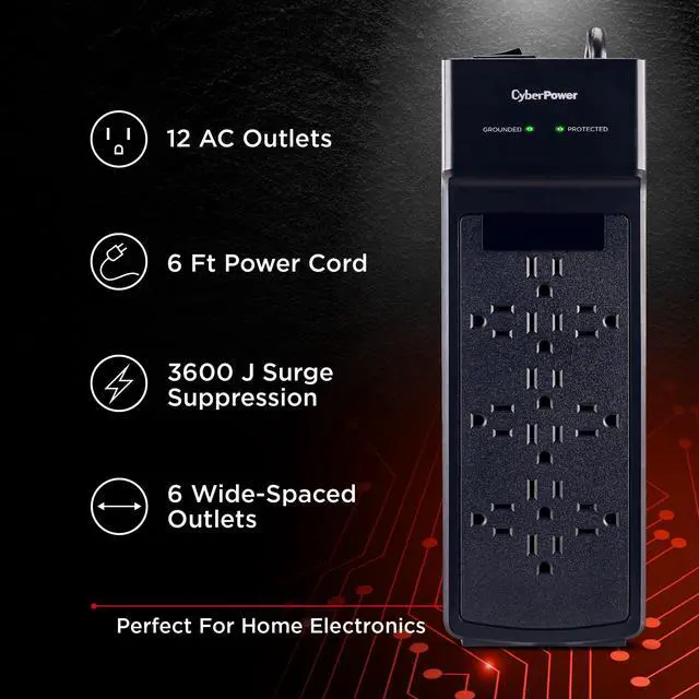 Alt view image 3 of 7 - CSB1206 Essential Surge Protector | 3600J, 125V, 15A, 12 Outlets, 6 Foot Power Cord, Black, ETL Listed