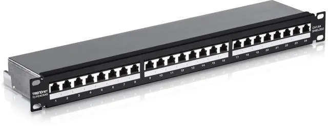 Main image of 24-Port Cat6A Shielded Patch Panel, 1U 19" Metal Housing, 10G Ready, Cat5e,Cat6,Cat6A Compatible, Cable Management, Color-Coded Labeling for T568A and T568B Wiring, Black, TC-P24C6AS