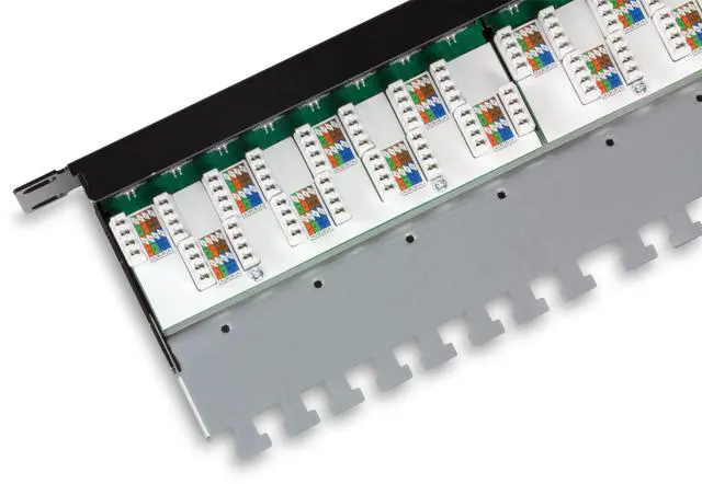 Alt view image 5 of 7 - 24-Port Cat6A Shielded Patch Panel, 1U 19" Metal Housing, 10G Ready, Cat5e,Cat6,Cat6A Compatible, Cable Management, Color-Coded Labeling for T568A and T568B Wiring, Black, TC-P24C6AS