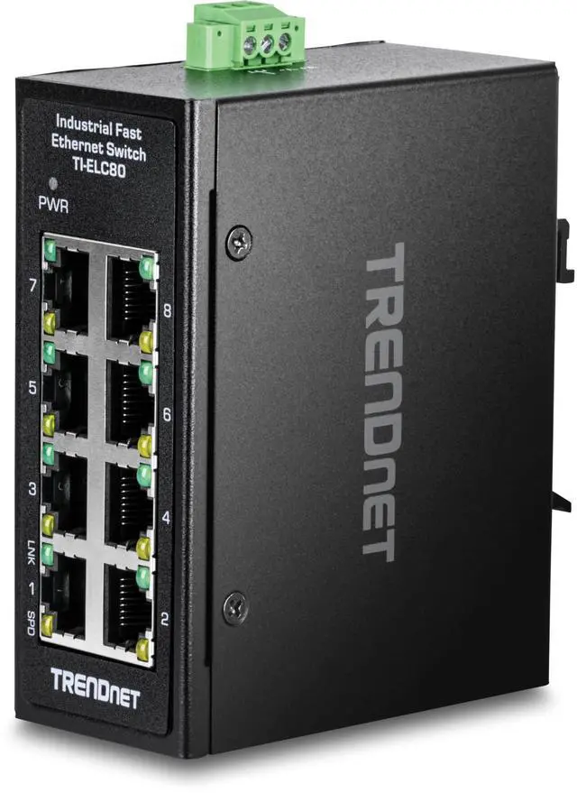 Main image of TRENDnet 8-Port Industrial Fast Ethernet DIN-Rail Mini Switch, TI-ELC80, 8 x 10/100Mbps Ports, IP30 Rated Housing, 1Gbps Switching Capacity, Black