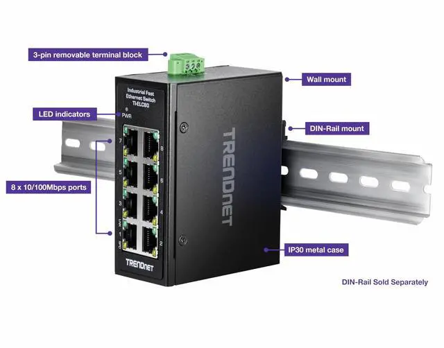 Alt view image 6 of 14 - TRENDnet 8-Port Industrial Fast Ethernet DIN-Rail Mini Switch, TI-ELC80, 8 x 10/100Mbps Ports, IP30 Rated Housing, 1Gbps Switching Capacity, Black