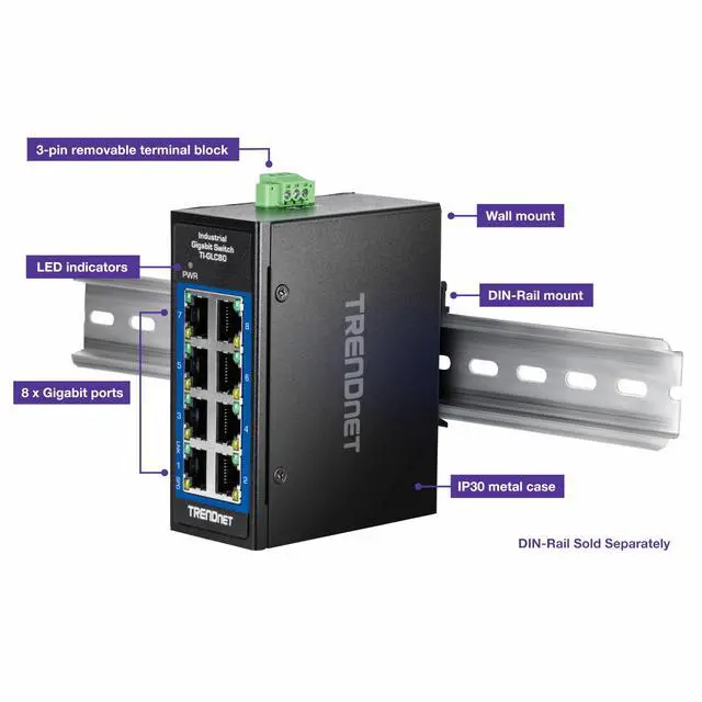 Alt view image 4 of 14 - TRENDnet 8-Port Industrial Gigabit DIN-Rail Mini Switch, TI-GLC80, 8 x Gigabit Ports, Extreme Temperature IP30 Rated, 16Gbps Switch Capacity, Black