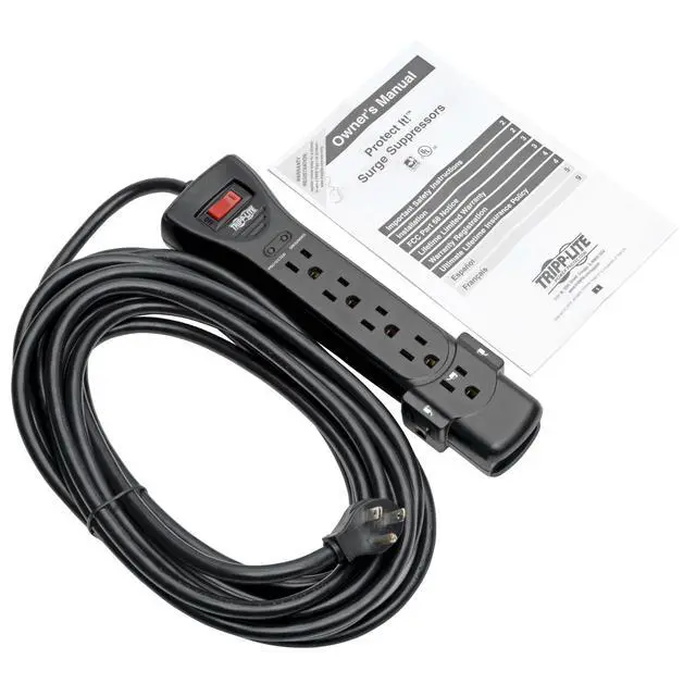 Alt view image 5 of 6 - Eaton Series SUPER725B 7 Outlet Flat Plug Long Extension Cord Power Strip Surge Protector, 25ft Extension Cord with Multiple Outlets, 2160 Joules, Black, Home Office Dorm Room Essentials