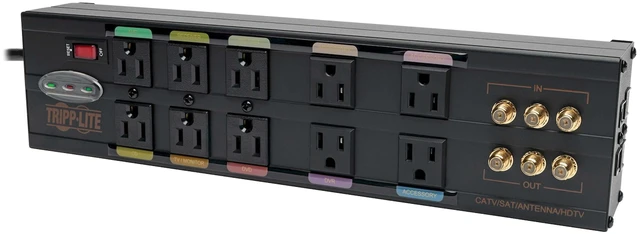 Main image of Isobar 10 Outlet Audio/Video Surge Protector Tel/Modem/Coax/Network 8ft Cord Right Angle Plug, & $500,000 Insurance (HT10DBS) Black