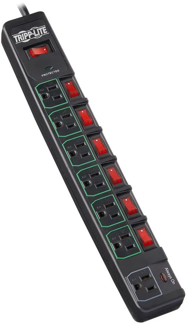 Main image of 7 Outlet (6 Individually Controlled) Surge Protector Power Strip, 6ft Cord, Black, & 25K Insurance (TLP76MSGB)