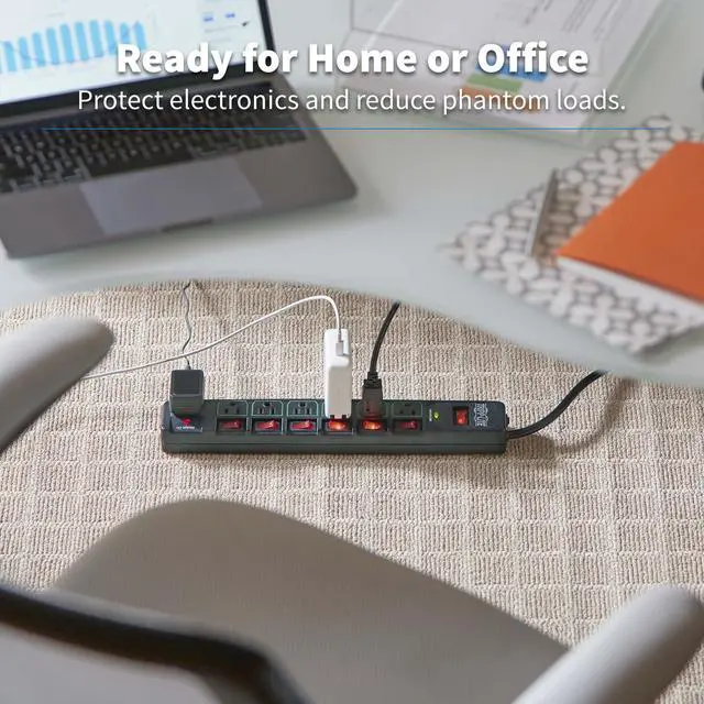Alt view image 2 of 7 - 7 Outlet (6 Individually Controlled) Surge Protector Power Strip, 6ft Cord, Black, & 25K Insurance (TLP76MSGB)