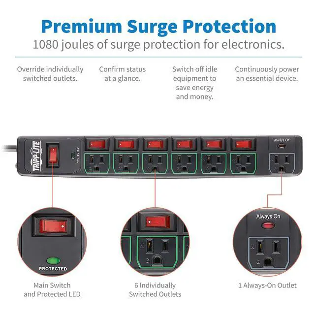 Alt view image 3 of 7 - 7 Outlet (6 Individually Controlled) Surge Protector Power Strip, 6ft Cord, Black, & 25K Insurance (TLP76MSGB)