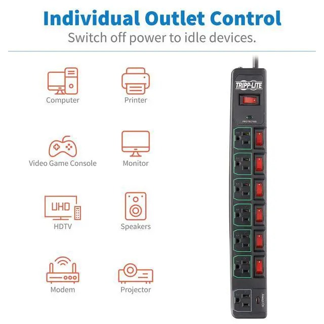 Alt view image 5 of 7 - 7 Outlet (6 Individually Controlled) Surge Protector Power Strip, 6ft Cord, Black, & 25K Insurance (TLP76MSGB)
