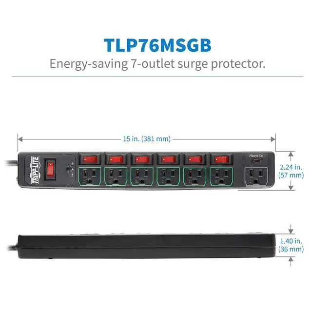 Alt view image 6 of 7 - 7 Outlet (6 Individually Controlled) Surge Protector Power Strip, 6ft Cord, Black, & 25K Insurance (TLP76MSGB)