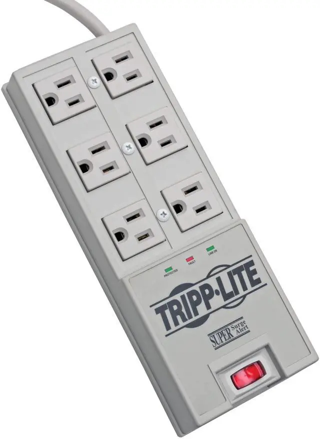 Main image of 6 Outlet Surge Protector Power Strip, 6ft Cord, Right-Angle Plug, & $50,000 Insurance (TR-6) Grey