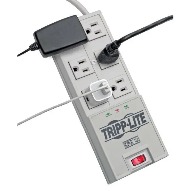 Alt view image 2 of 7 - 6 Outlet Surge Protector Power Strip, 6ft Cord, Right-Angle Plug, & $50,000 Insurance (TR-6) Grey