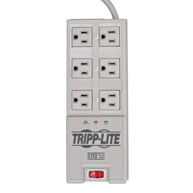 Alt view image 4 of 7 - 6 Outlet Surge Protector Power Strip, 6ft Cord, Right-Angle Plug, & $50,000 Insurance (TR-6) Grey